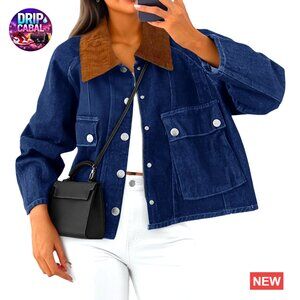 Cropped Denim Jacket Corduroy Collar Button Down Casual Barn Style Loose Fit